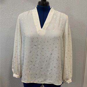 Ann Taylor Ivory V-Neck Long Sleeve Blouse with Silver Foil Accents